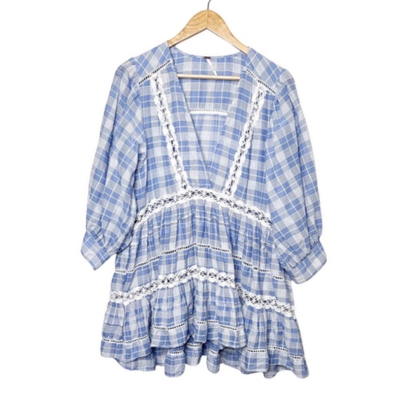 Free People Women's Time Out Lace Plaid Gingham 3/4 Sleeve Ruffle Tunic Blouse - Picture 3 of 16